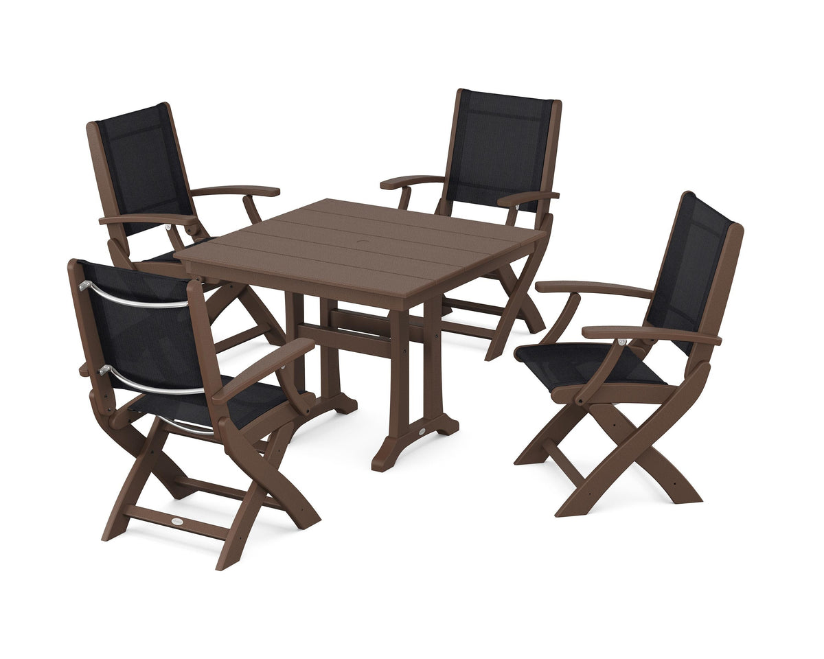 POLYWOOD Coastal Folding Chair 5-Piece Farmhouse Dining Set With Trestle Legs in Mahogany / Black