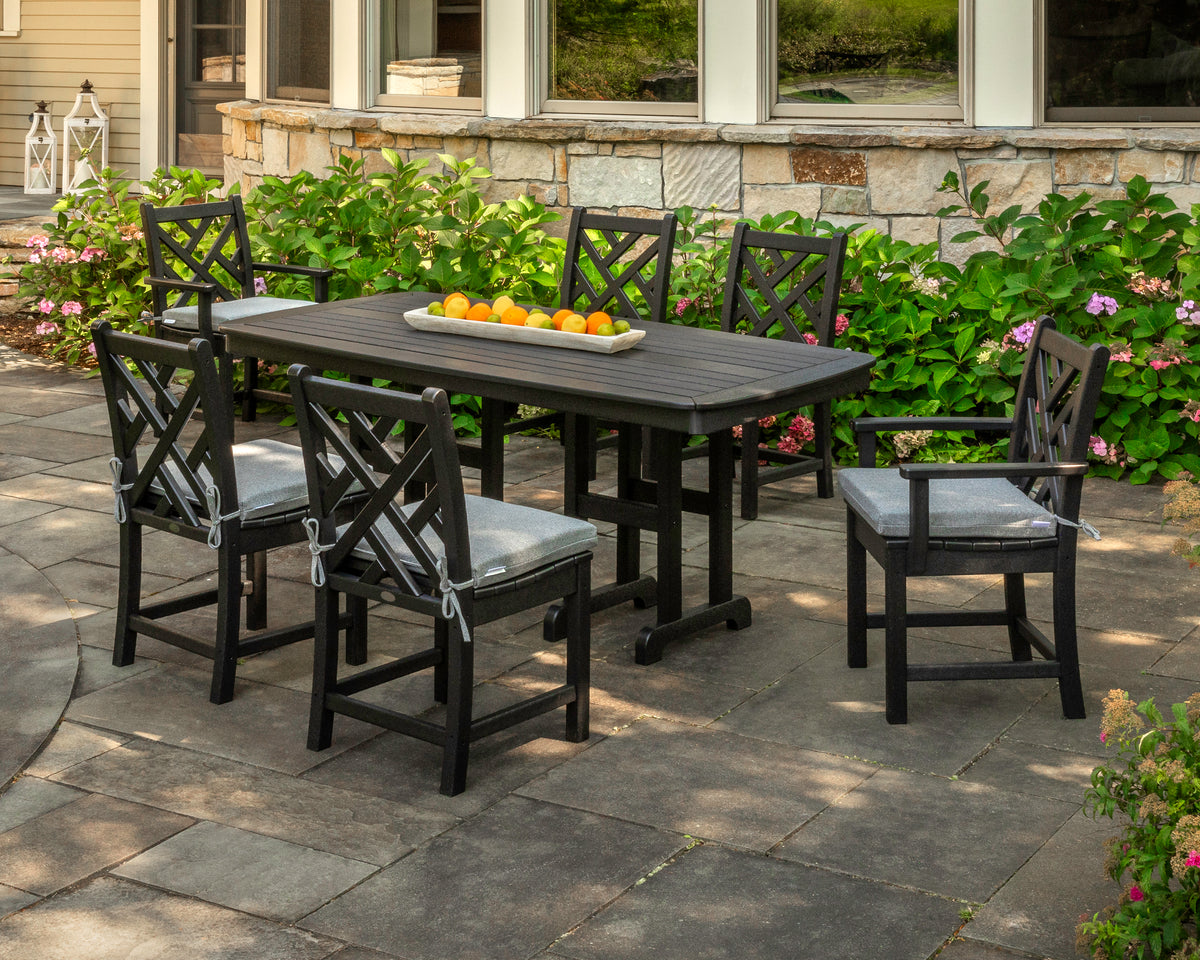 POLYWOOD Chippendale 7-Piece Dining Set in Black in an outdoor setting