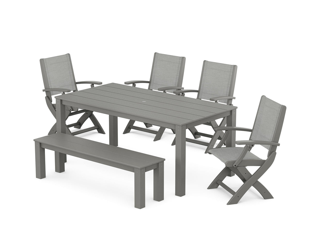 POLYWOOD Coastal Folding Chair 6-Piece Parsons Dining Set with Bench in Slate Grey / Metallic