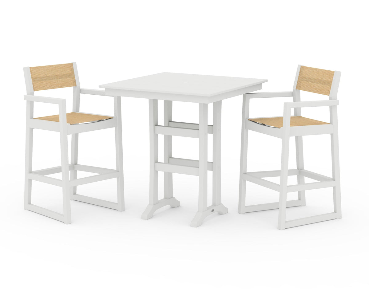POLYWOOD EDGE Sling Arm Chair 3-Piece Farmhouse Bar Set with Trestle Legs in Vintage White / Dupioni Apricot