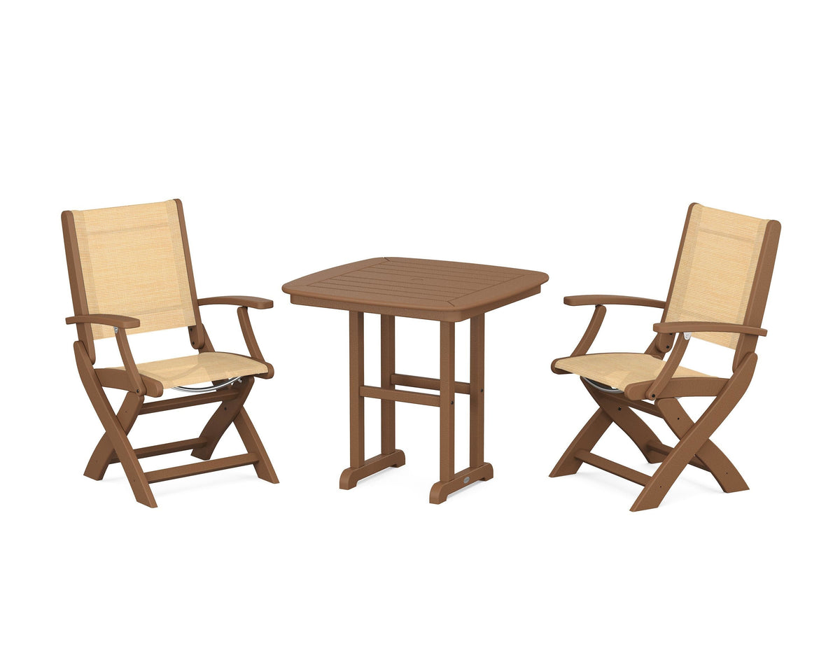 POLYWOOD Coastal Folding Chair 3-Piece Dining Set in Teak / Dupioni Apricot