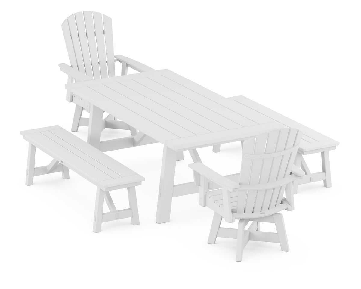 POLYWOOD Nautical Curveback Adirondack Swivel Chair 5-Piece Rustic Farmhouse Dining Set with Benches in White