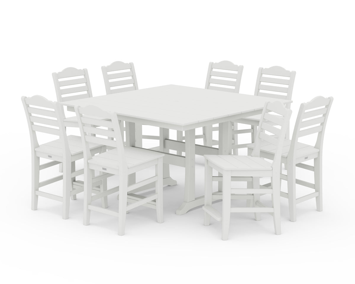 POLYWOOD Savannah Side Chair 9-Piece Square Farmhouse Counter Set with Trestle Legs in Vintage White