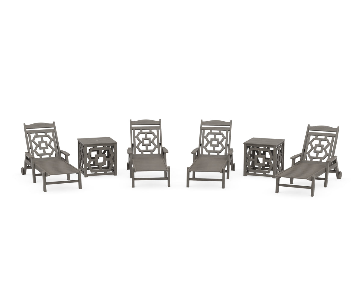 POLYWOOD Chinoiserie 6-Piece Chaise Set with Umbrella Stand Accent Table in Driftwood