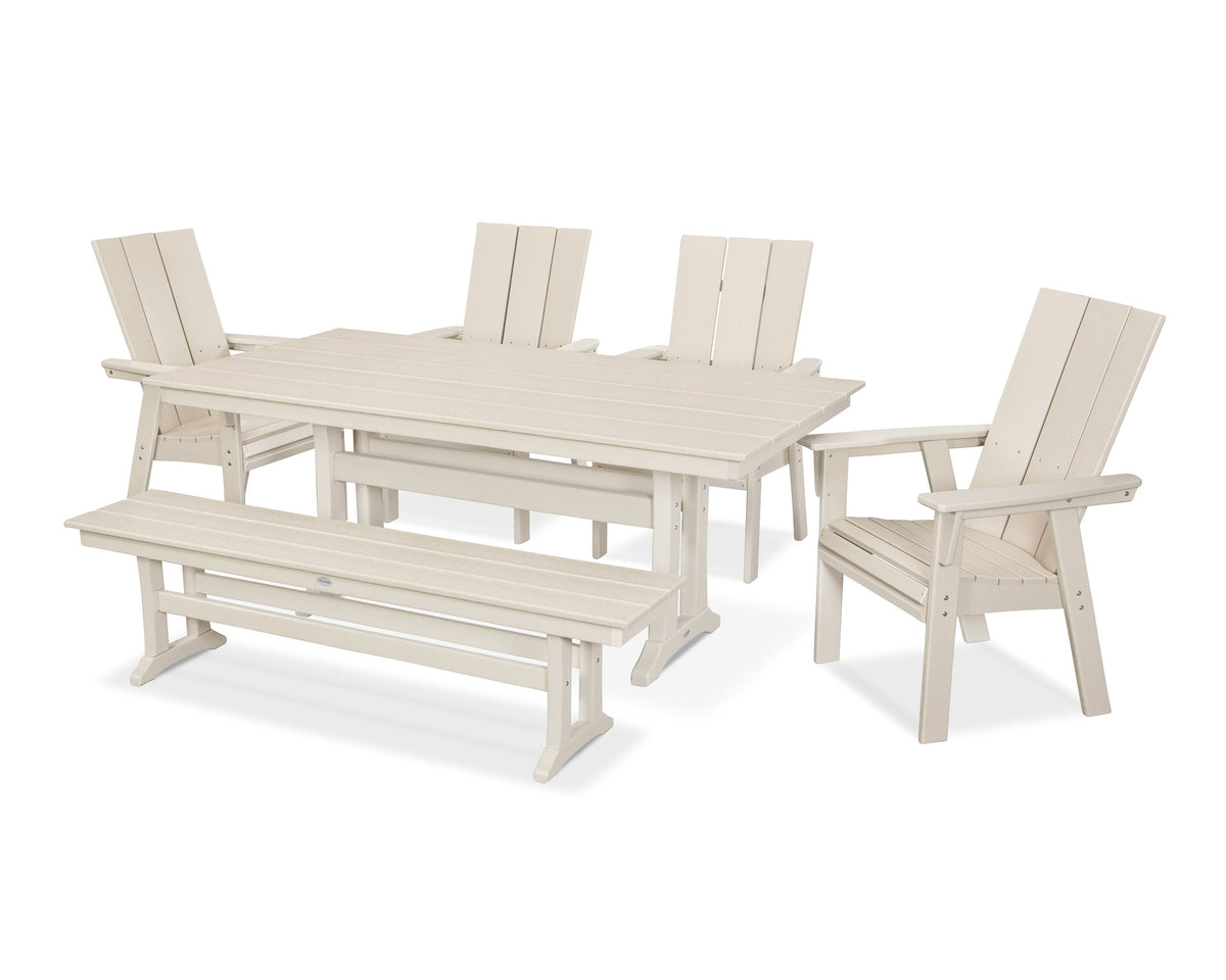POLYWOOD Modern Curveback Adirondack 6-Piece Farmhouse Dining Set with Trestle Legs and Bench - 37" x 72" Table in Sand