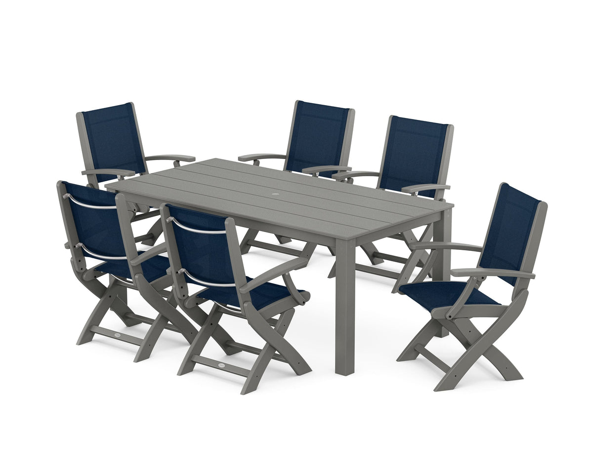 POLYWOOD Coastal Folding Chair 7-Piece Parsons Dining Set in Slate Grey / Navy Blue