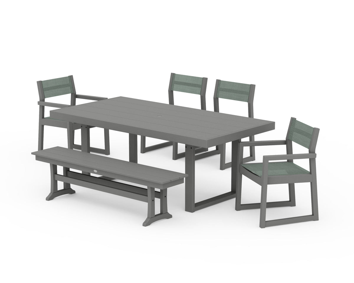 POLYWOOD EDGE Sling 6-Piece Dining Set with Bench in Slate Grey / Dupioni Sea Mist