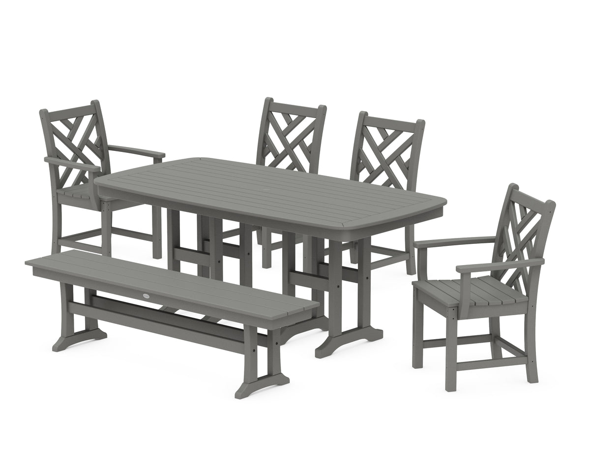 POLYWOOD Chippendale 6-Piece Dining Set with Bench - 37" x 72" Table in Slate Grey