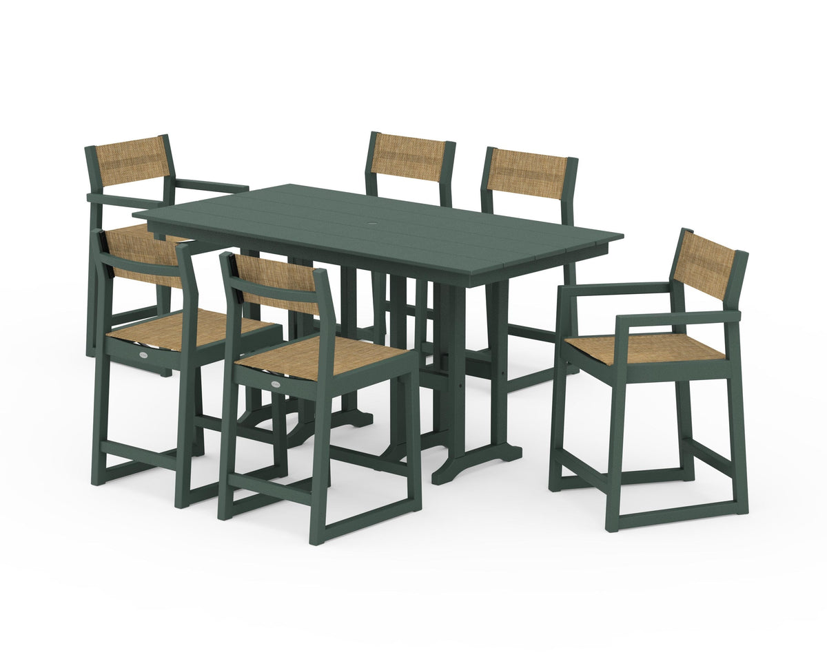 POLYWOOD EDGE Sling 7-Piece Farmhouse Counter Set with Trestle Legs in Green / Burlap