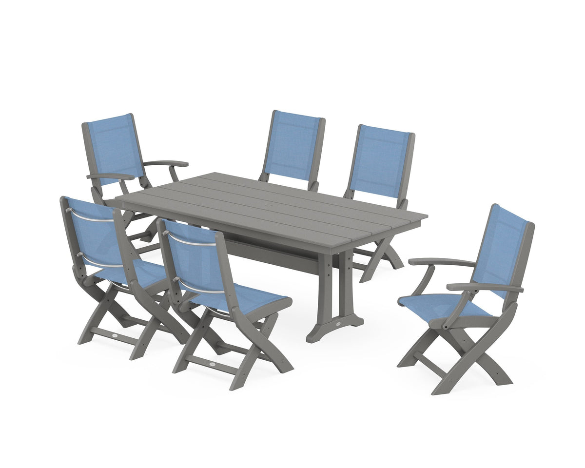 POLYWOOD Coastal Folding Chair 7-Piece Farmhouse Dining Set with Trestle Legs in Slate Grey / Poolside