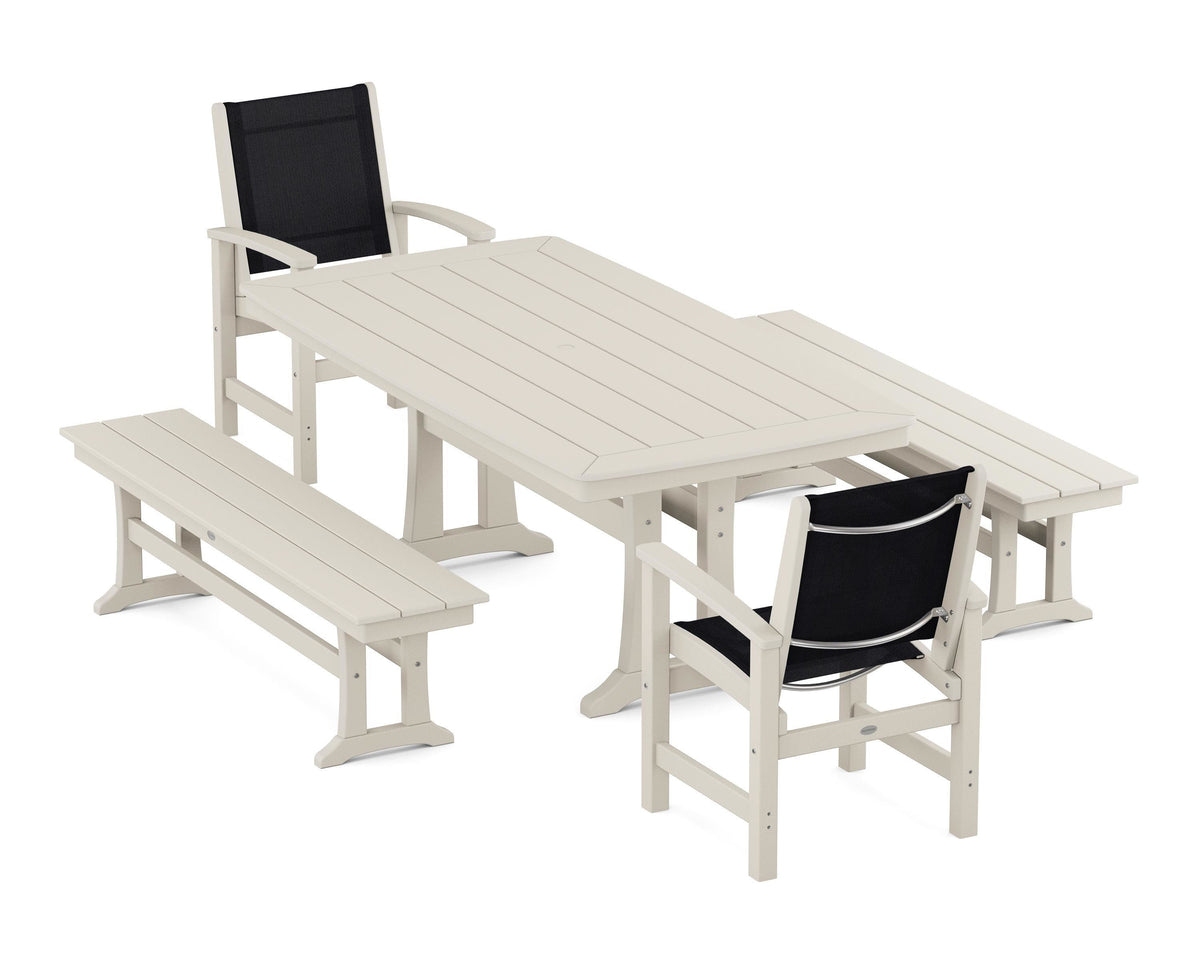 POLYWOOD Coastal 5-Piece Dining Set with Trestle Legs and Benches in Sand / Black
