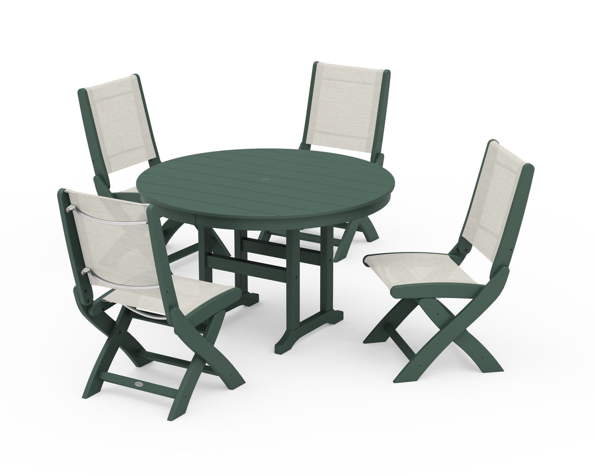 POLYWOOD Coastal Folding Side Chair 5-Piece Round Dining Set in Green / Parchment