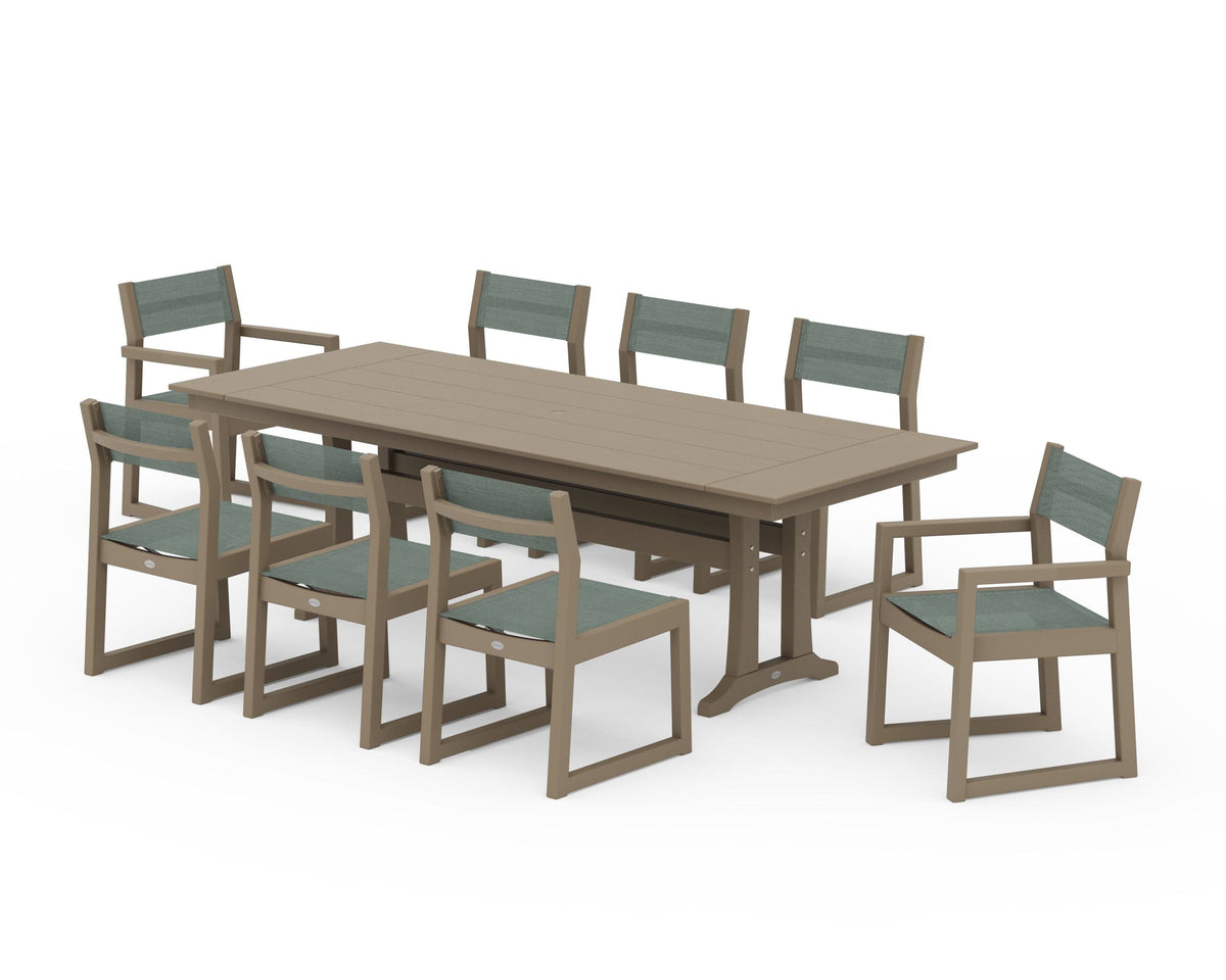 POLYWOOD EDGE Sling 9-Piece Farmhouse Trestle Dining Set in Vintage Sahara / Dupioni Sea Mist