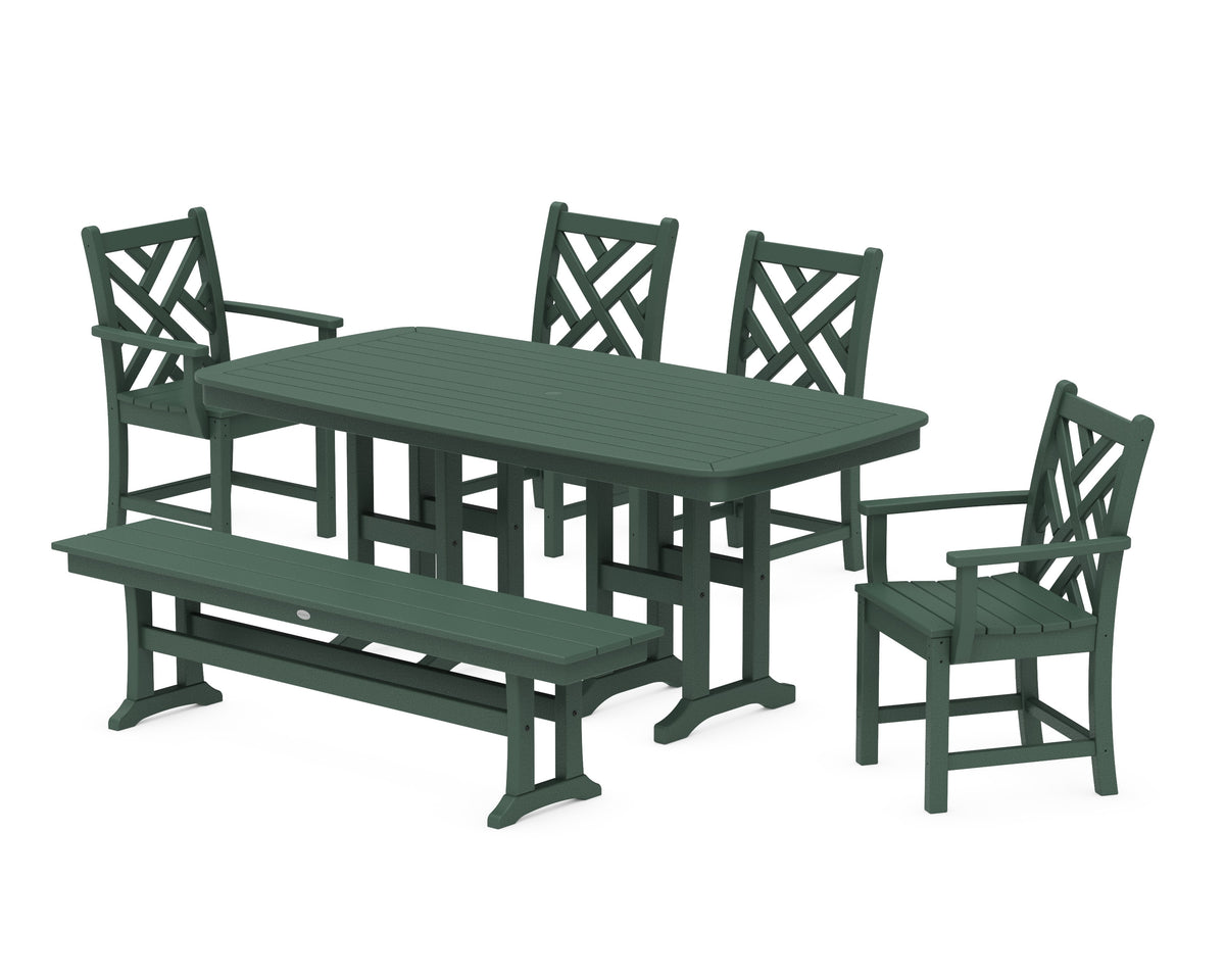 POLYWOOD Chippendale 6-Piece Dining Set with Bench - 37" x 72" Table in Green
