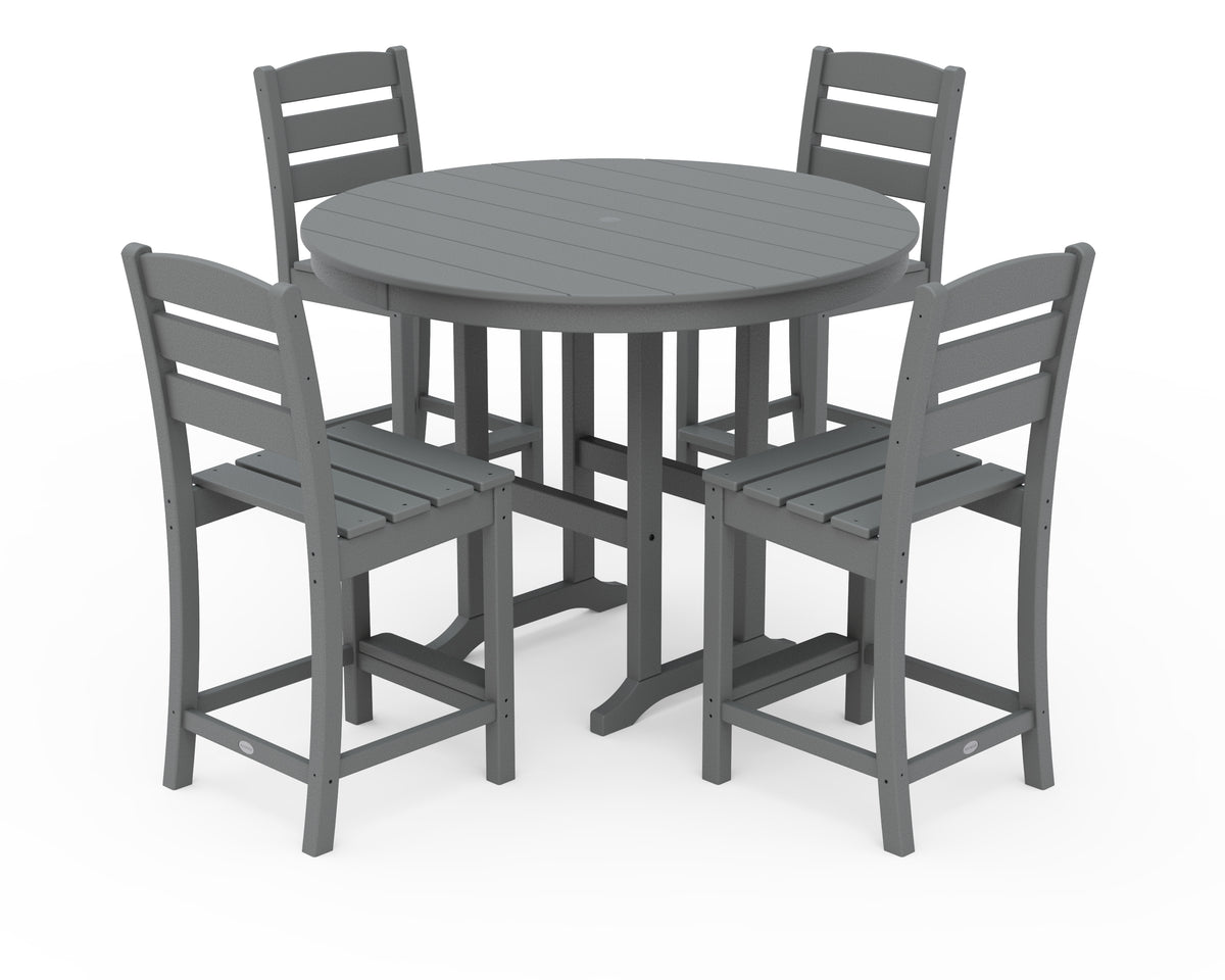POLYWOOD Lakeside 5-Piece Farmhouse Round Side Chair Counter Set in Slate Grey