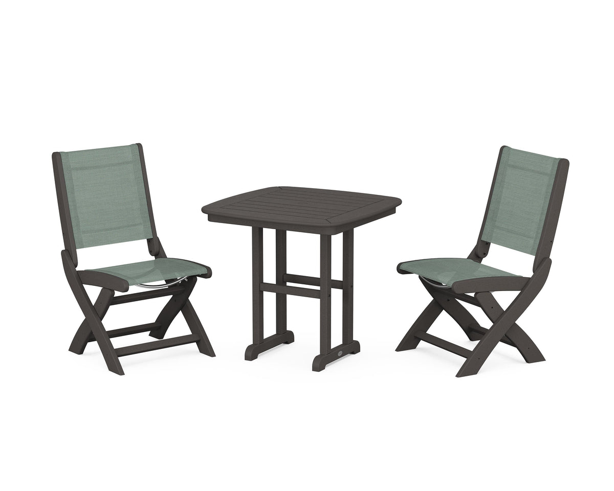 POLYWOOD Coastal Folding Side Chair 3-Piece Dining Set in Vintage Coffee / Dupioni Sea Mist