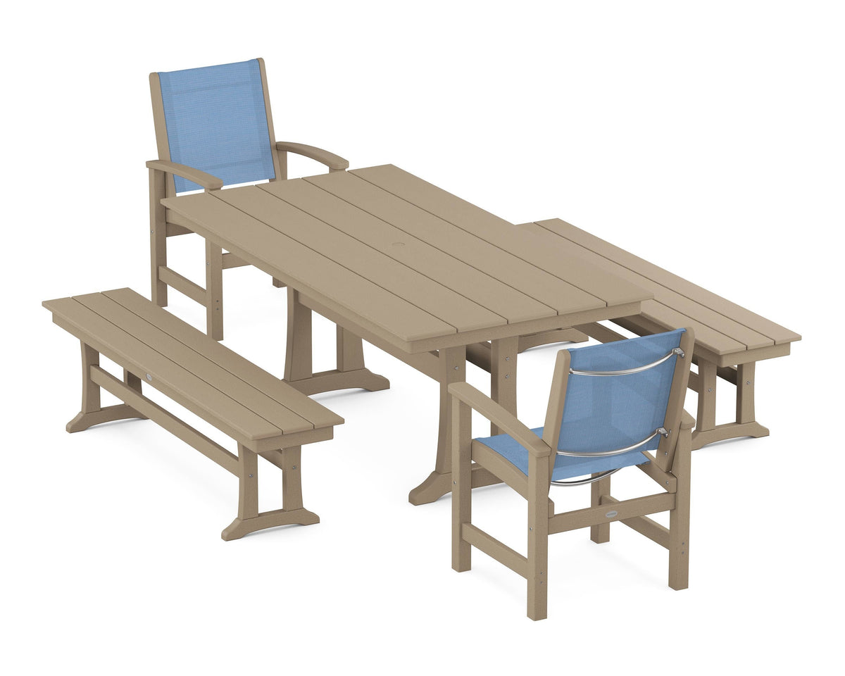 POLYWOOD Coastal 5-Piece Farmhouse Dining Set with Trestle Legs and Benches in Vintage Sahara / Poolside