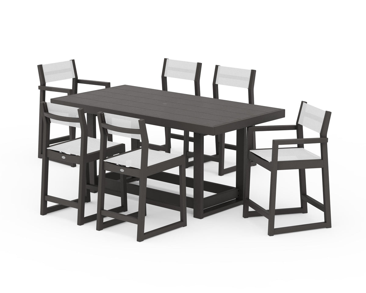 POLYWOOD EDGE Sling 7-Piece Counter Table Set in Vintage Coffee / White