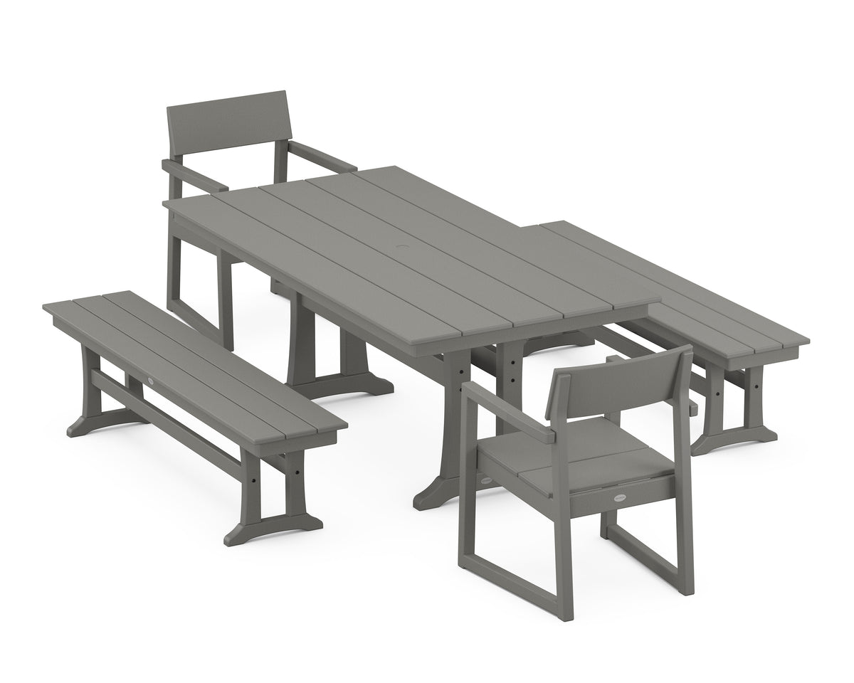 POLYWOOD EDGE 5-Piece Farmhouse Dining Set with Trestle Legs (Farmhouse Trestle 37" x 72" Table) in Slate Grey