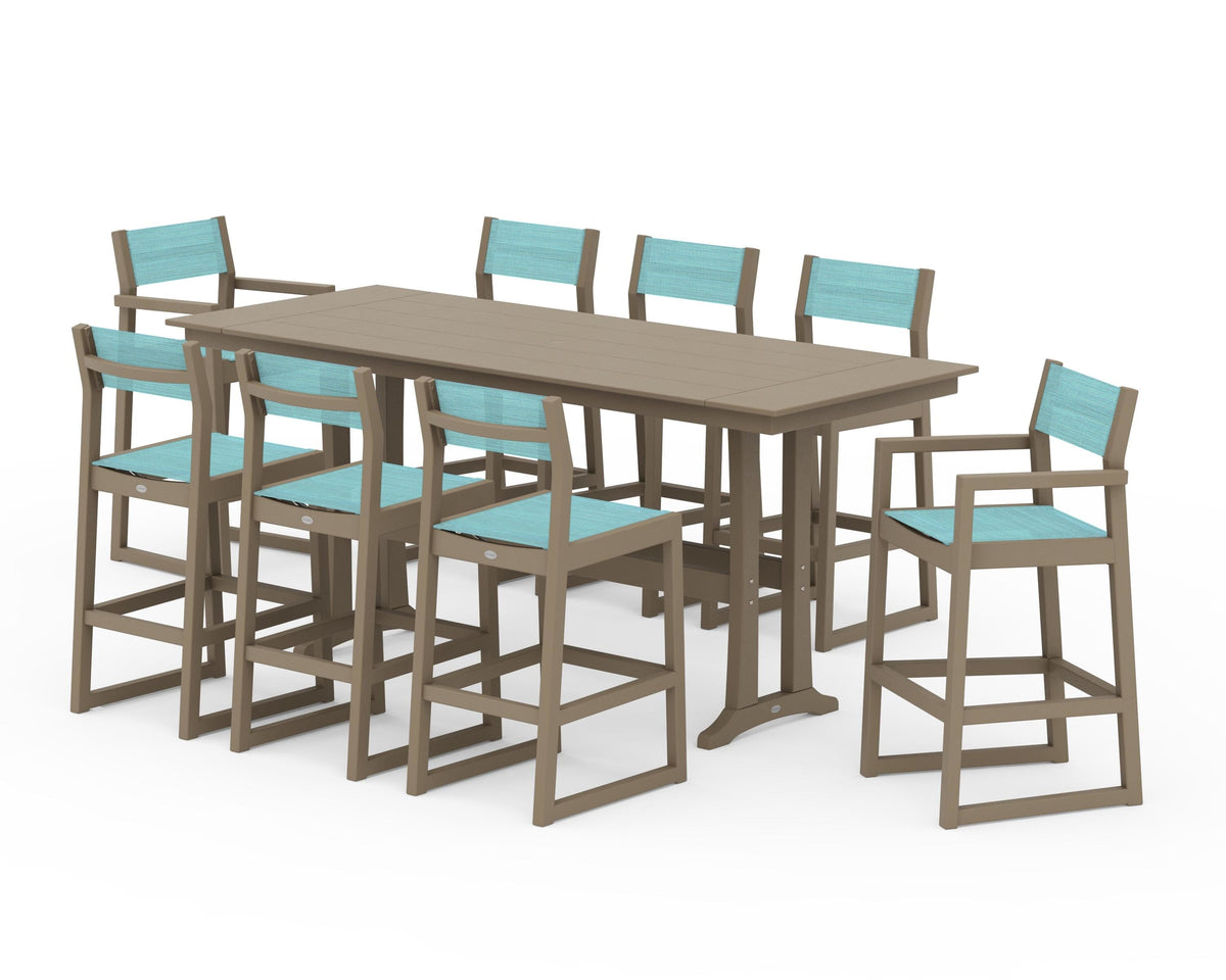 POLYWOOD EDGE Sling 9-Piece Farmhouse Bar Set with Trestle Legs in Vintage Sahara / Dupioni Aquamarine
