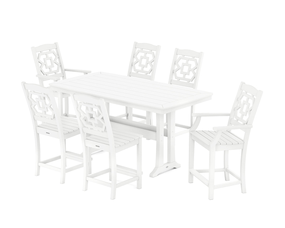 POLYWOOD Chinoiserie 7-Piece Counter Set with Trestle Legs in White