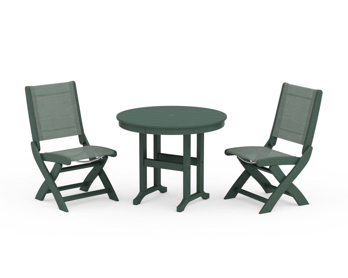 POLYWOOD Coastal Folding Side Chair 3-Piece Round Dining Set in Green / Dupioni Sea Mist