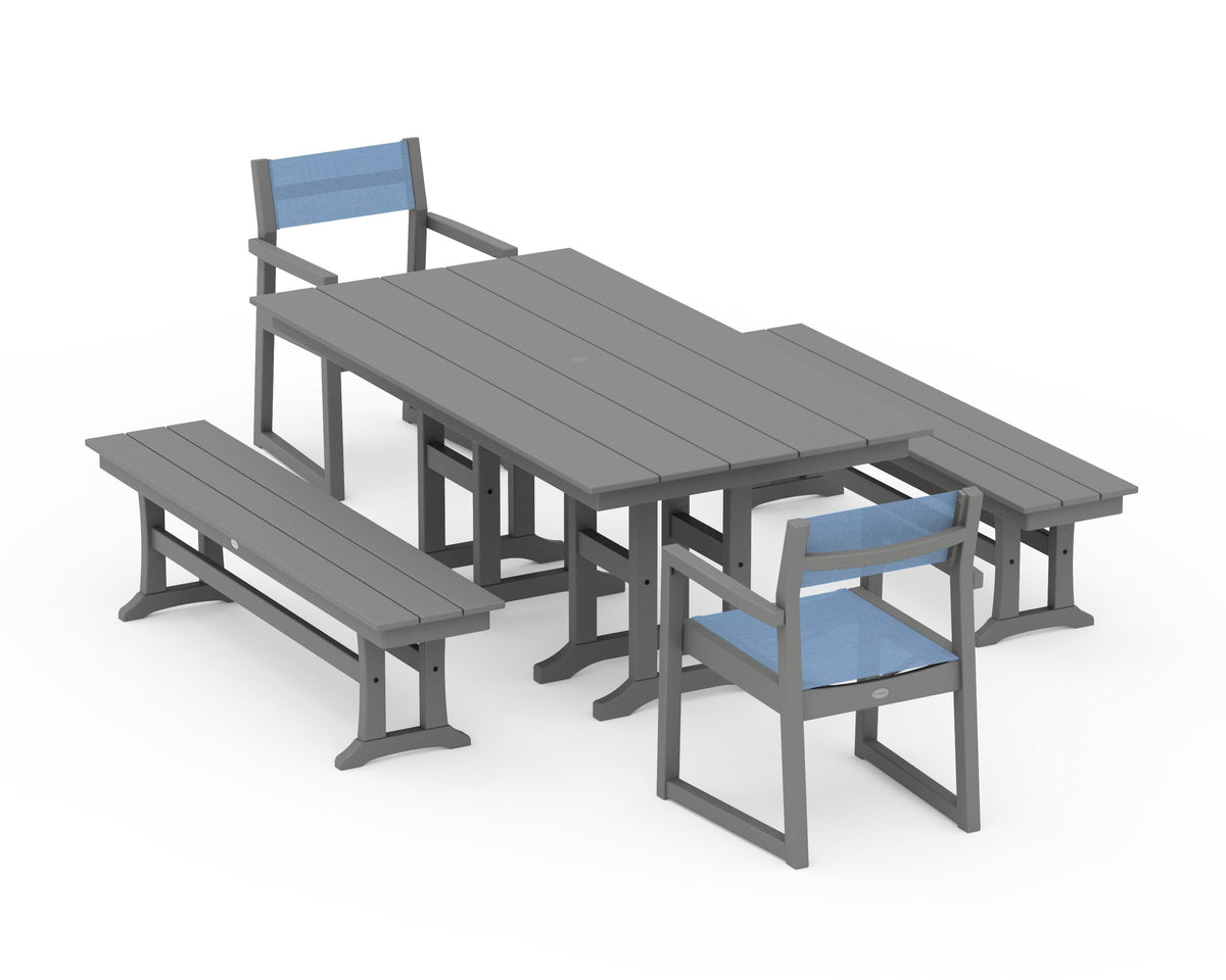 POLYWOOD EDGE Sling Arm Chair 5-Piece Farmhouse Dining Set with Benches in Slate Grey / Poolside