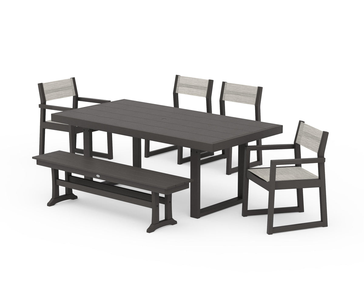 POLYWOOD EDGE Sling 6-Piece Dining Set with Bench in Vintage Coffee / Birch