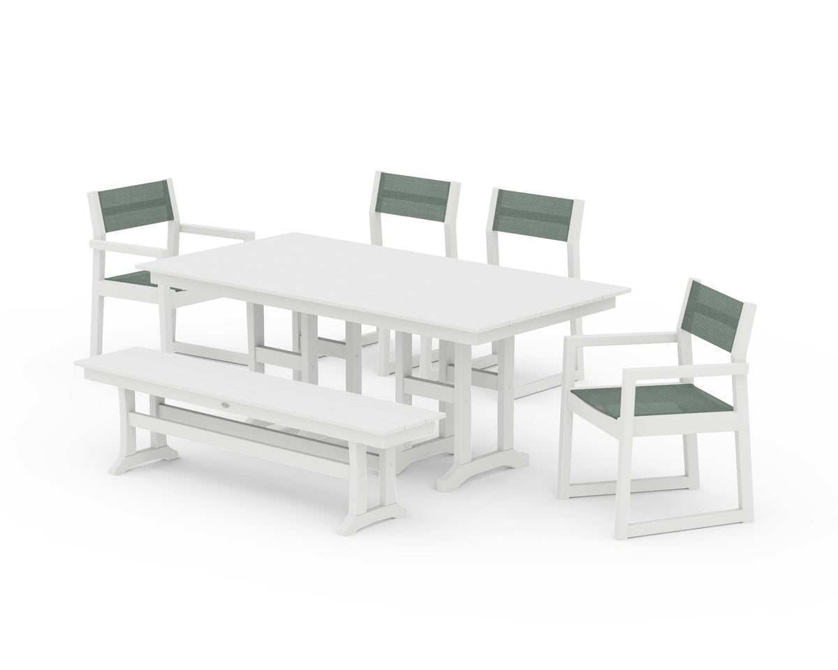 POLYWOOD EDGE Sling 6-Piece Farmhouse Dining Set in White / Dupioni Sea Mist
