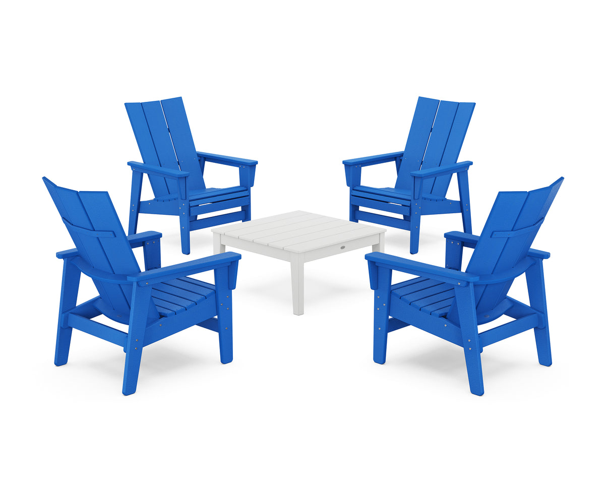 POLYWOOD 5-Piece Modern Grand Upright Adirondack Chair Conversation Group in Pacific Blue / White