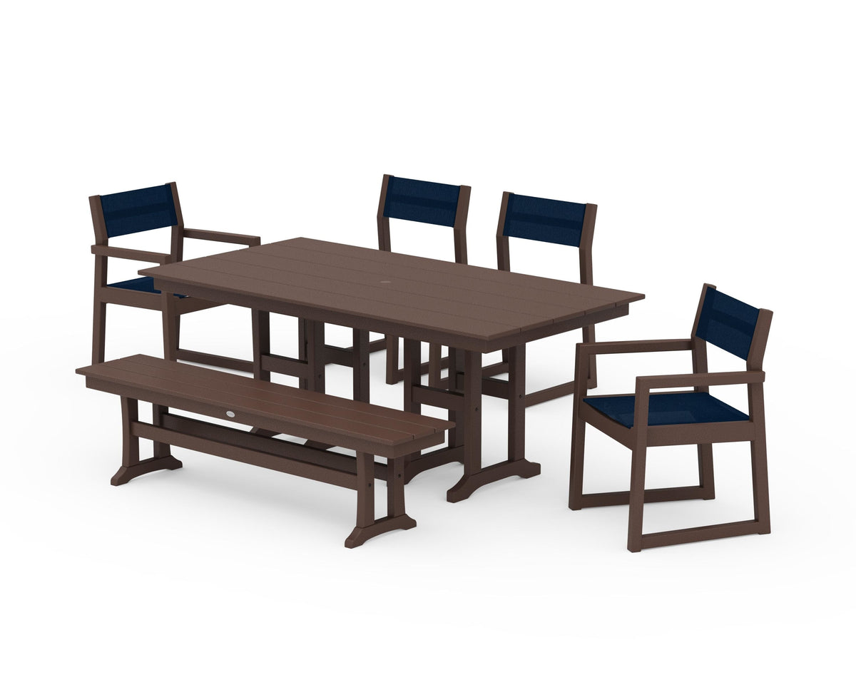 POLYWOOD EDGE Sling 6-Piece Farmhouse Dining Set in Mahogany / Navy Blue