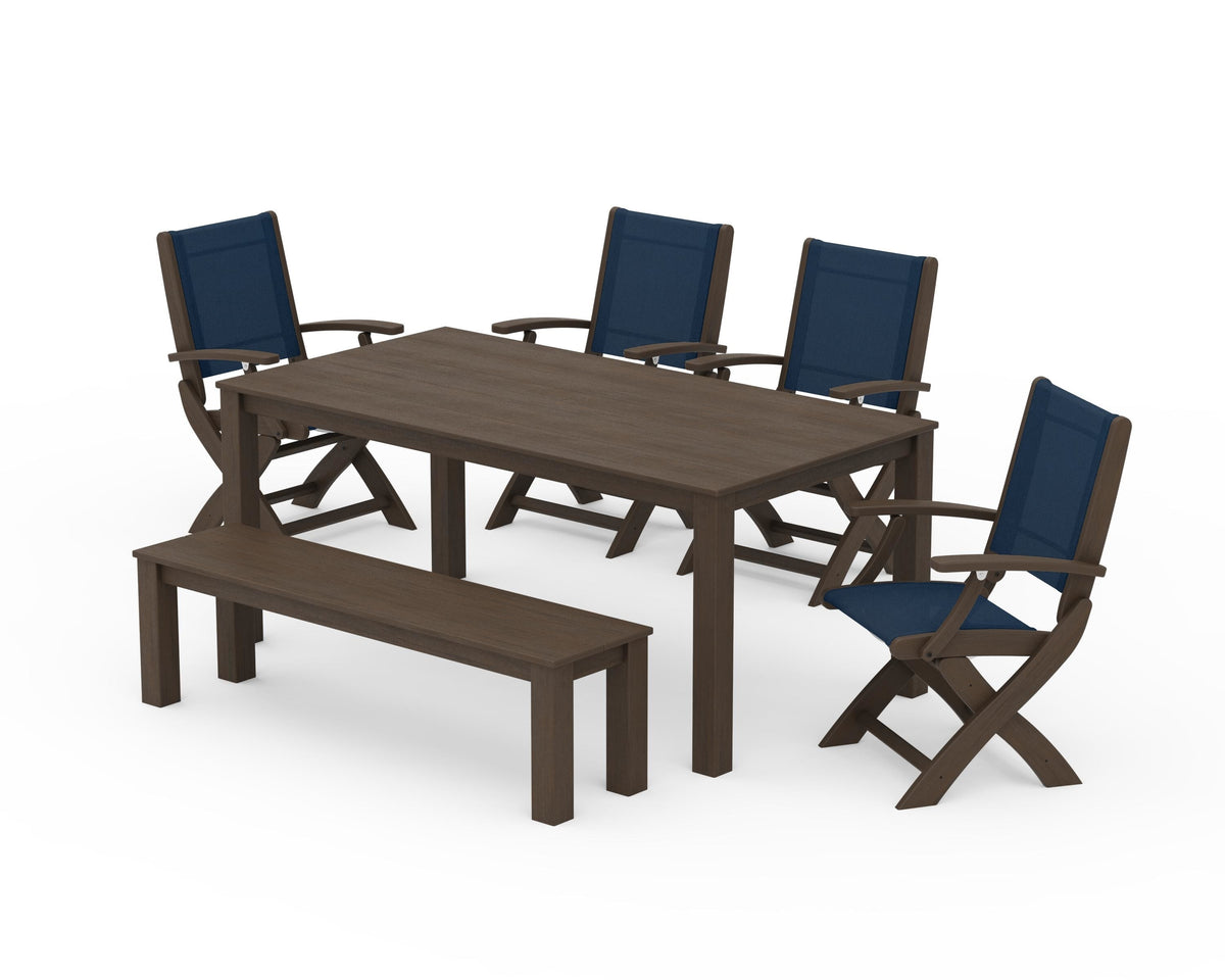 POLYWOOD Coastal Folding Chair 6-Piece Parsons Dining Set with Bench in Kona / Navy Blue