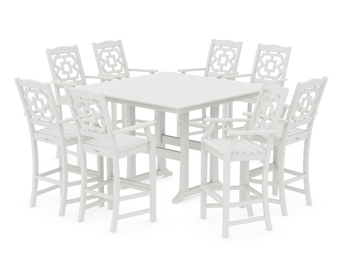 POLYWOOD Chinoiserie 9-Piece Square Farmhouse Side Chair Bar Set with Trestle Legs in Vintage White