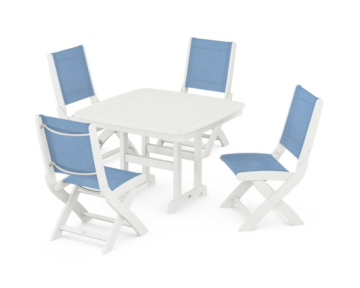 POLYWOOD Coastal Folding Side Chair 5-Piece Dining Set with Nautical 44" Dining Table in Vintage White / Poolside