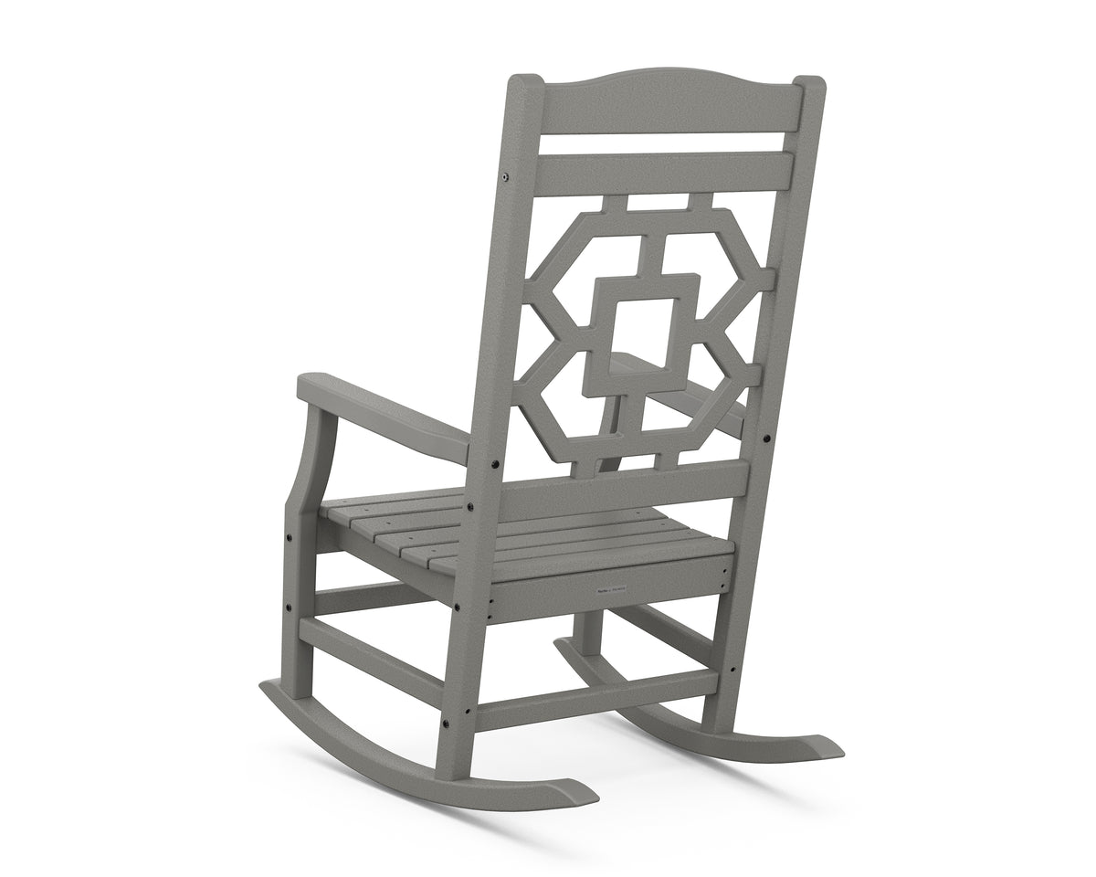Angled view of the POLYWOOD Chinoiserie Rocking Chair in Slate Grey