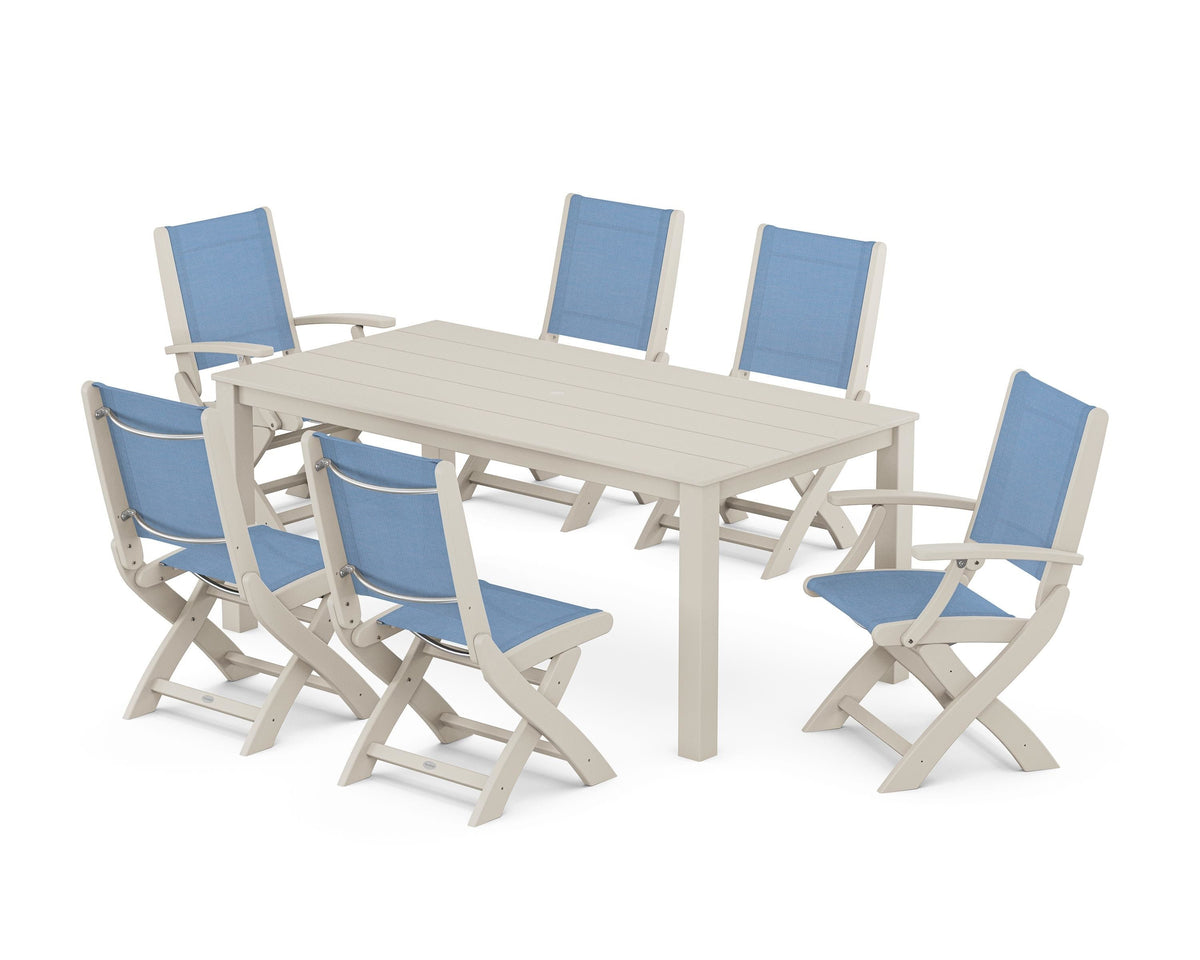 POLYWOOD Coastal Folding Chair 7-Piece Parsons Dining Set with Coastal Folding Side Chair in Sand / Poolside