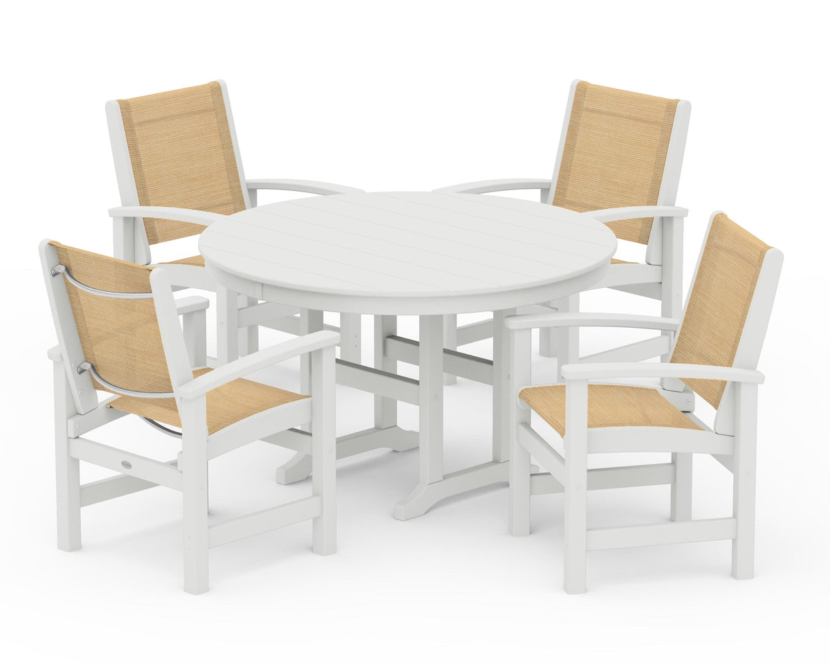 POLYWOOD Coastal 5-Piece Round Farmhouse Dining Set in Vintage White / Dupioni Apricot