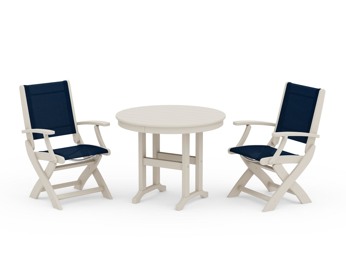 POLYWOOD Coastal Folding Chair 3-Piece Round Dining Set in Sand / Navy Blue