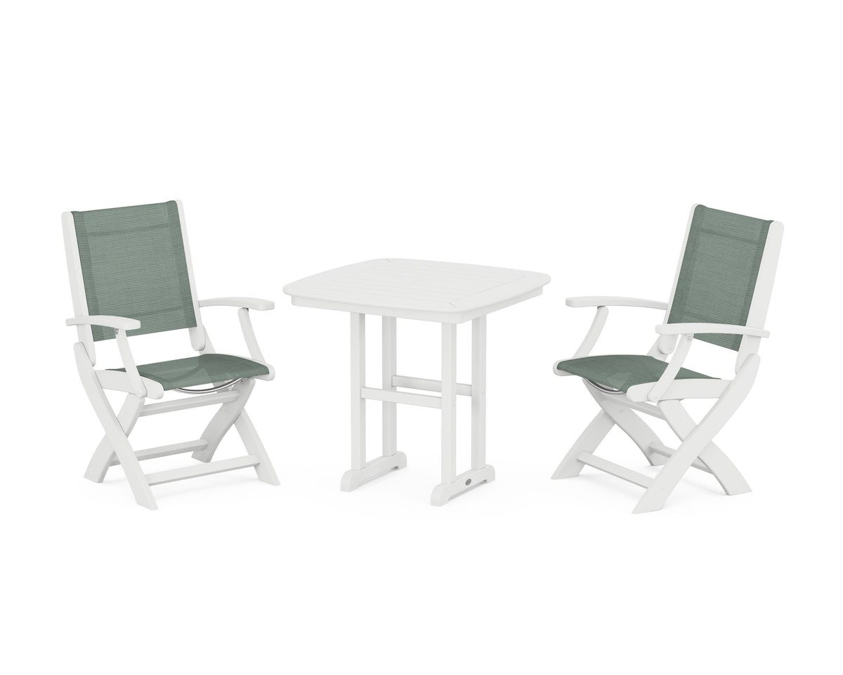 POLYWOOD Coastal Folding Chair 3-Piece Dining Set in White / Dupioni Sea Mist
