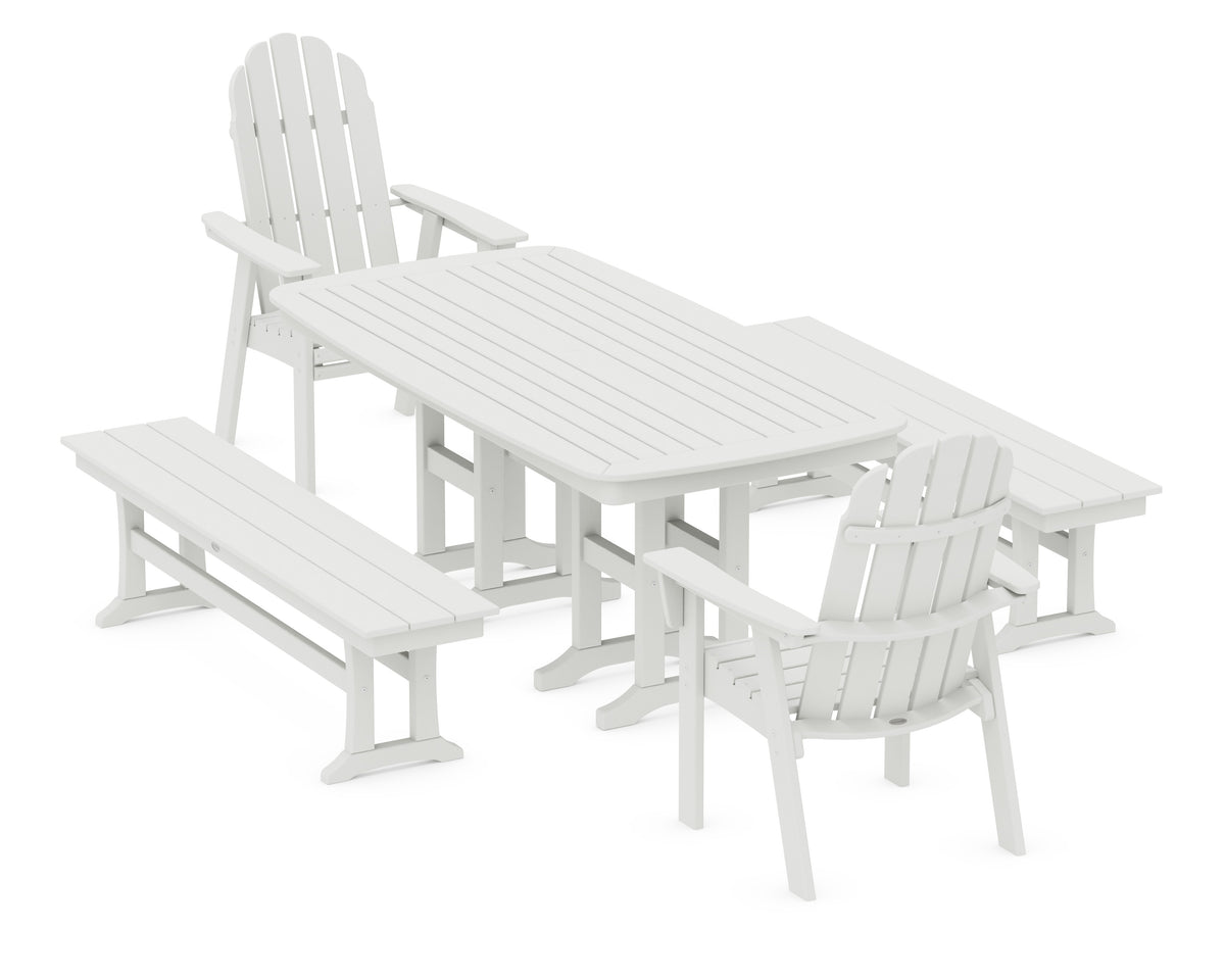 POLYWOOD Vineyard Adirondack 5-Piece Dining Set with Benches - 37" x 72" Table in Vintage White