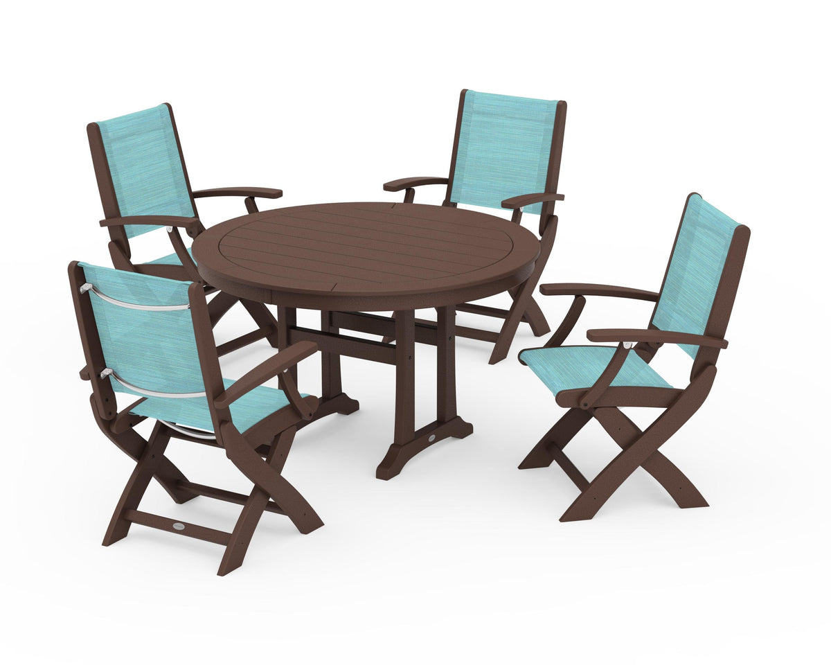 POLYWOOD Coastal Folding Chair 5-Piece Round Dining Set with Trestle Legs in Mahogany / Dupioni Aquamarine