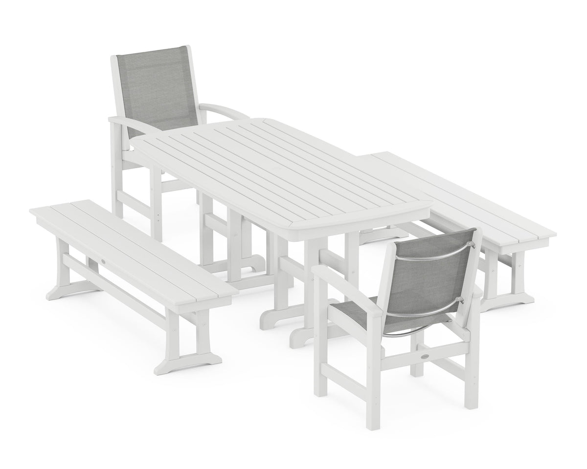 POLYWOOD Coastal 5-Piece Dining Set with Nautical 37" x 72" Dining Table in White / Metallic
