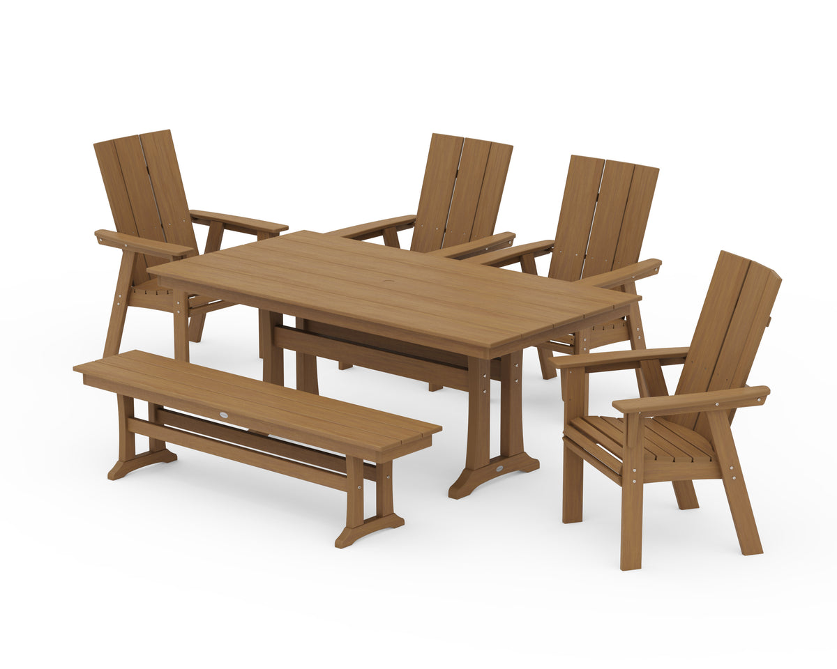 POLYWOOD Modern Curveback Adirondack 6-Piece Farmhouse Dining Set with Trestle Legs and Bench - 37" x 72" Table in Natural
