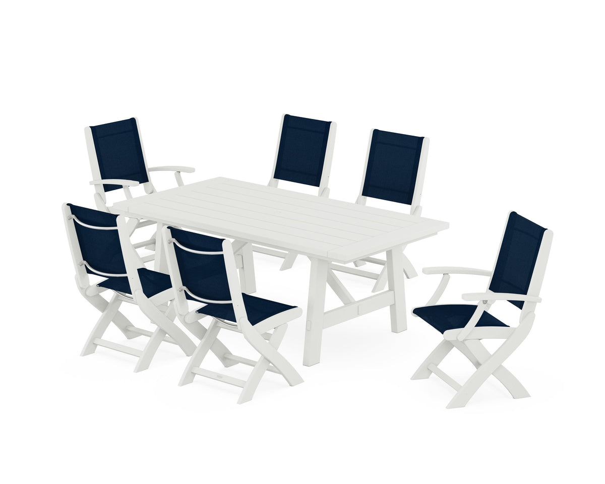 POLYWOOD Coastal Folding Chair 7-Piece Rustic Farmhouse Dining Set in Vintage White / Navy Blue