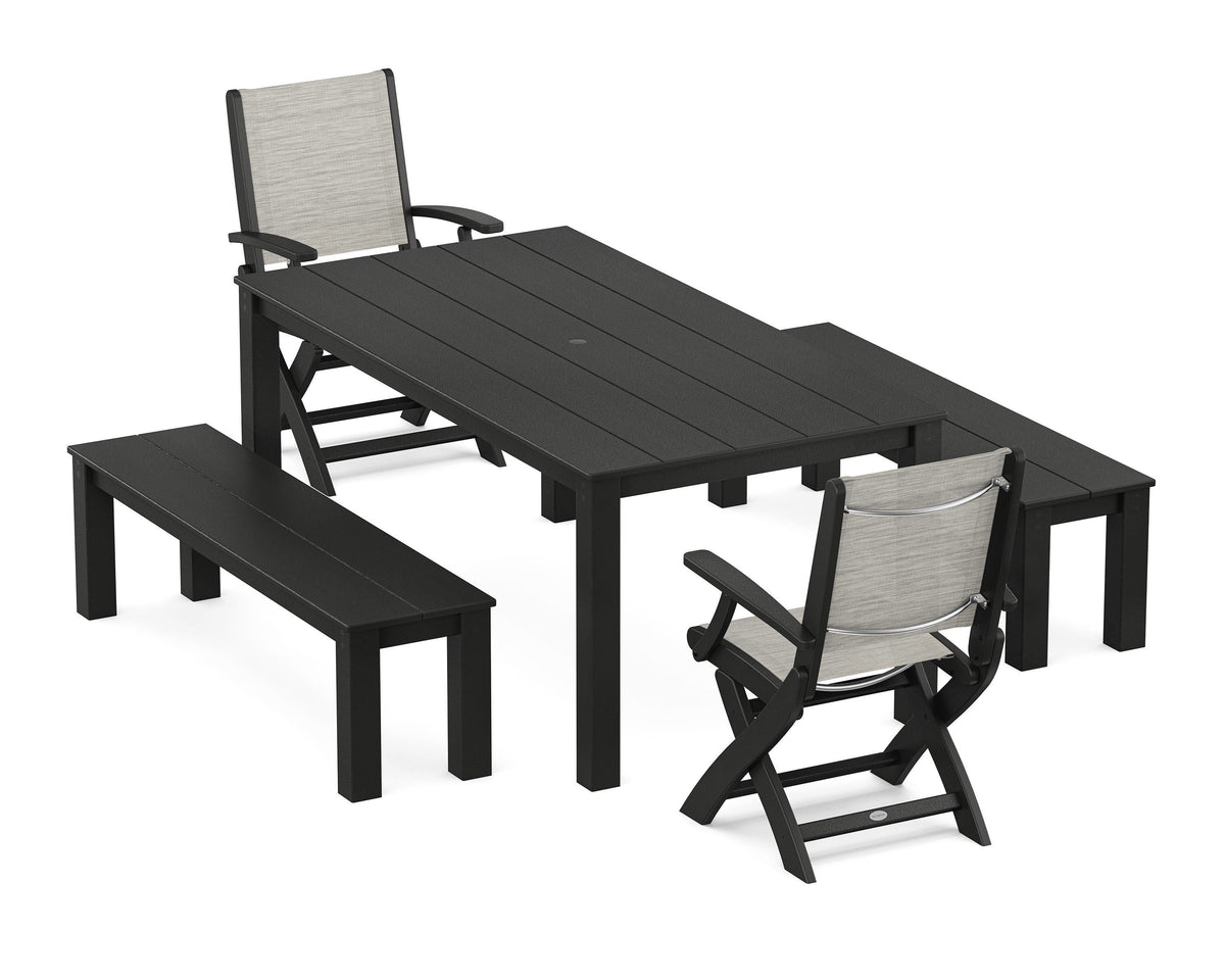 POLYWOOD Coastal Folding Chair 5-Piece Parsons Dining Set with Benches in Black / Birch