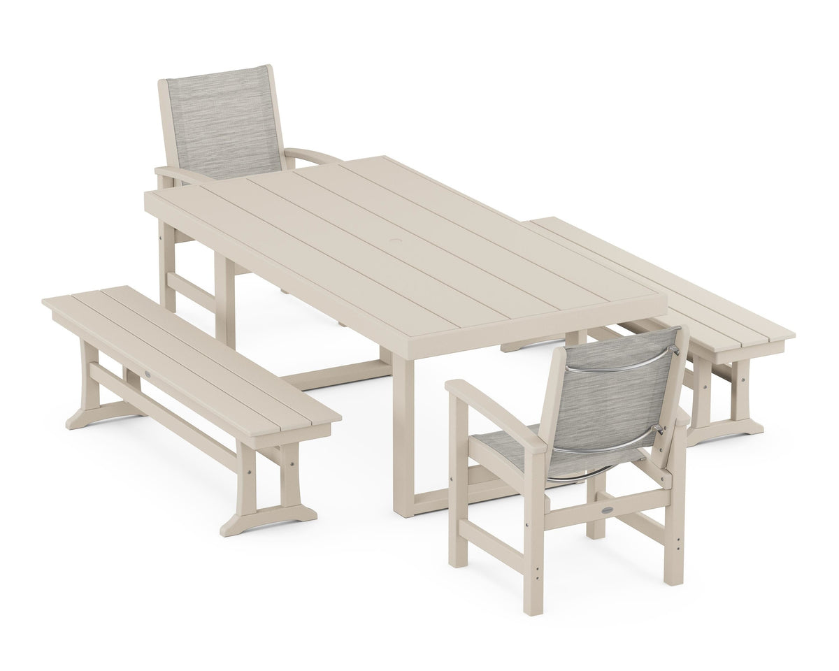 POLYWOOD Coastal 5-Piece Dining Set with Trestle Legs with EDGE 40" x 78" Dining Table in Sand / Birch