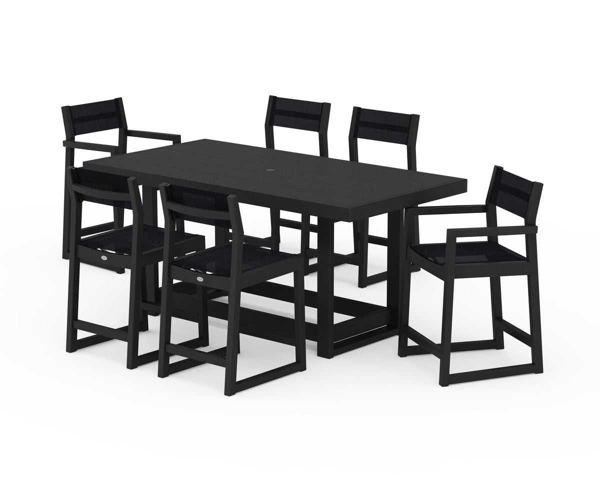POLYWOOD EDGE Sling 7-Piece Counter Table Set in Black / Black