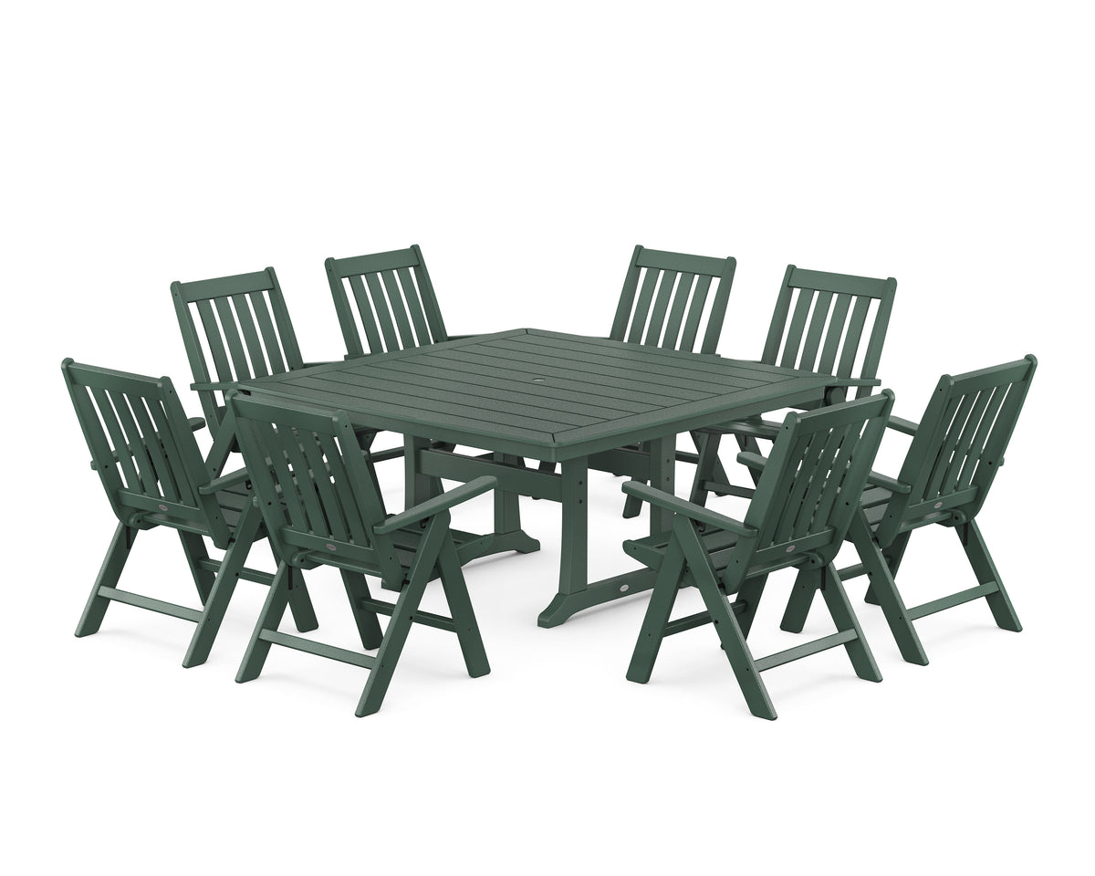 POLYWOOD Vineyard Folding Chair 9-Piece Square Dining Set with Trestle Legs in Green