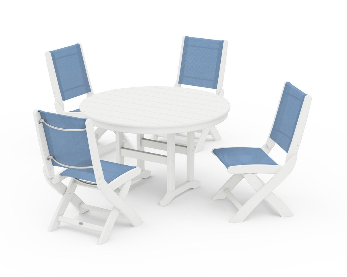 POLYWOOD Coastal Folding Side Chair 5-Piece Round Dining Set in White / Poolside