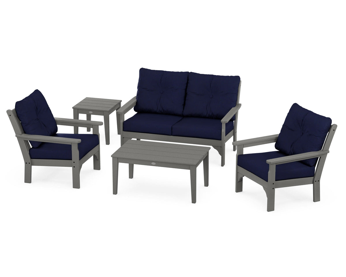 POLYWOOD Vineyard 5-Piece Deep Seating Set with Two Chairs and Loveseat in Slate Grey / Navy